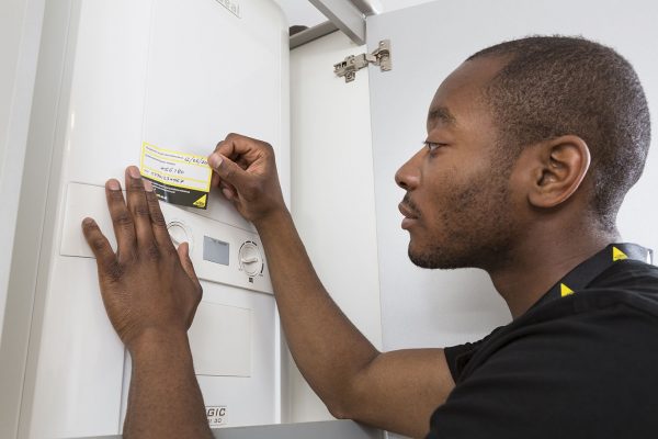 Engineer applying annual service sticker